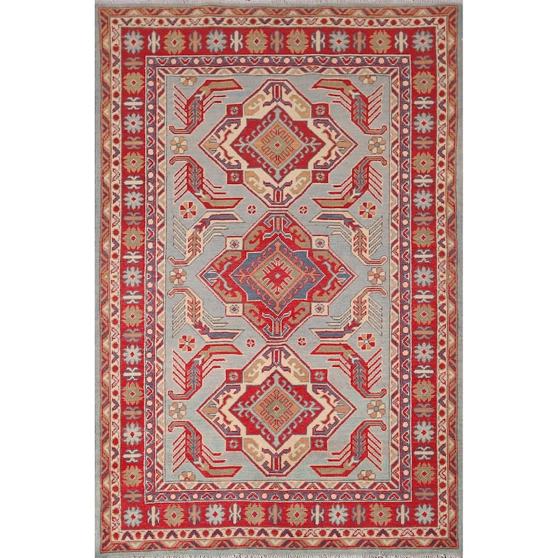 Hand Knotted Oriental 100% Wool Carpet Traditional Geometric Navy Blue & Blues Kazak Area Rug - 5' 10'' X 4' 0''