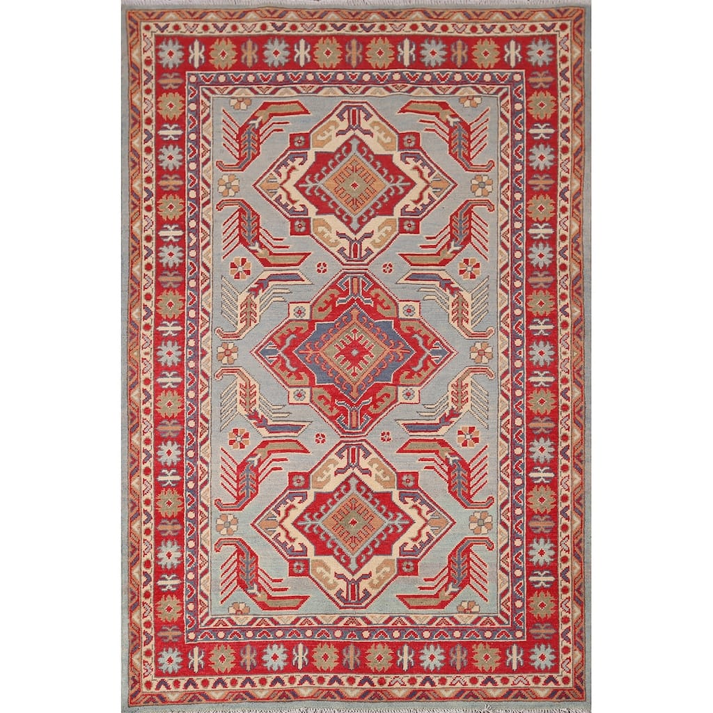 Hand Knotted Oriental 100% Wool Carpet Traditional Geometric Navy Blue & Blues Kazak Area Rug - 5' 10'' X 4' 0''