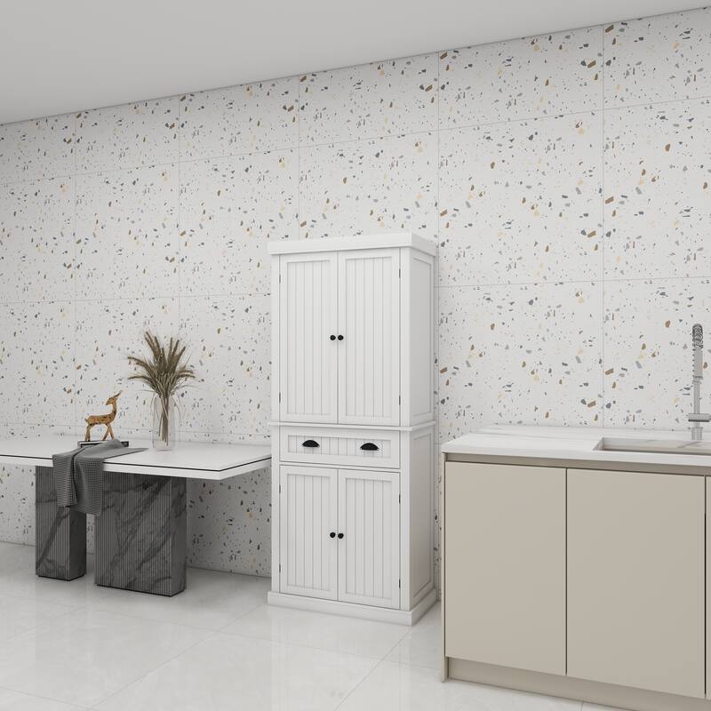 Kitchen Pantry with 4 Doors & 1 Drawer, Freestanding Wooden Storage Cabinet, Buffet Cabinet with 2 Adjustable Shelves - White