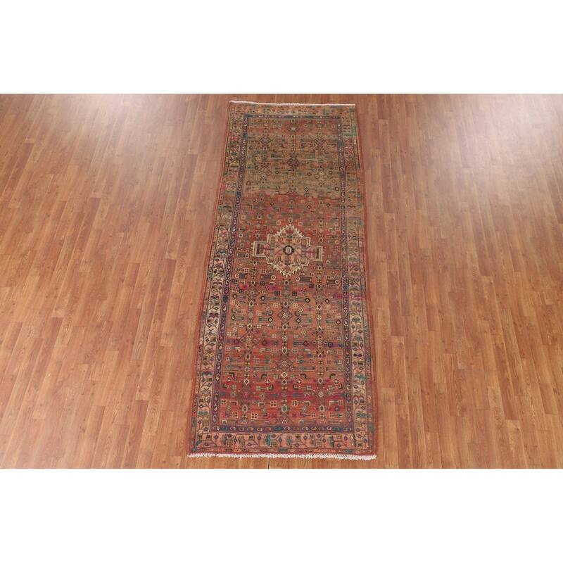 Geometric Zanjan Persian Vintage Runner Rug Handmade Wool Carpet - 3'7"x 9'10"