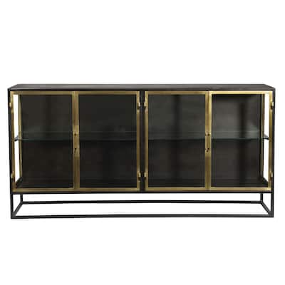 Brynlee 72" Gunmetal and Brass Finished Iron and Glass 4-Door Sideboard