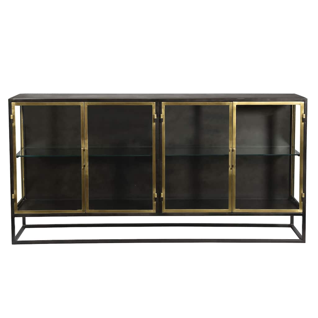 Brynlee 72" Gunmetal and Brass Finished Iron and Glass 4-Door Sideboard