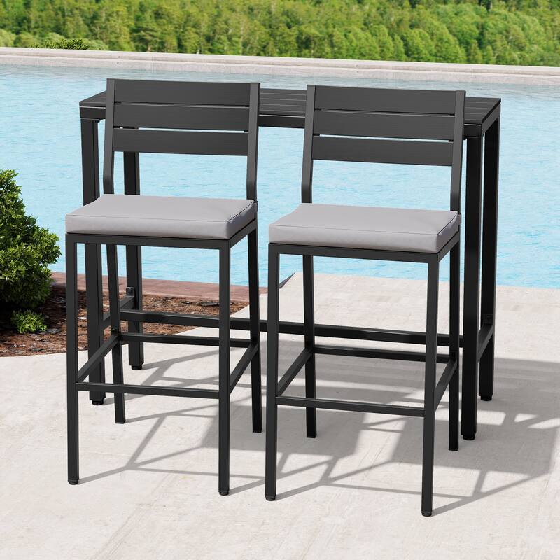 Outdoor Patio Bar Stools Set Rectangle Bar Table and Barstools with Cushion - N/A - Black Table with Light Grey Cushion Chairs