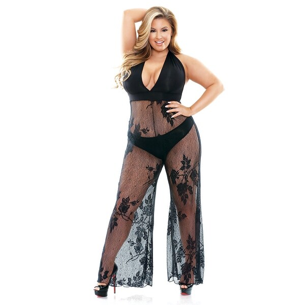 Sexy Hot Pink Plus Size Stretch Lace Halter Teddy With Plunging Neckline Factory Direct Selling Price Intimates & Sleep