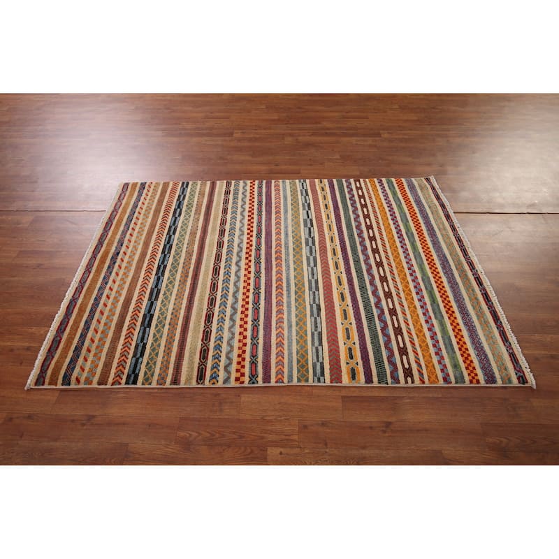 All-Over Striped Kazak Oriental Area Rug Hand-Knotted Wool Carpet - 3'11" x 5'11"