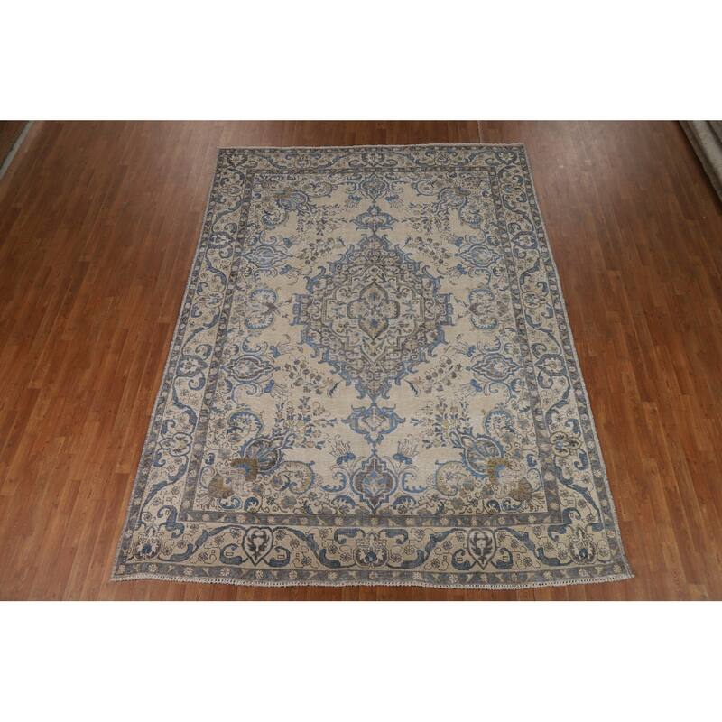 Tabriz Persian Area Rug Hand-Knotted Beige Floral Wool Carpet - 8'2"x 10'9"