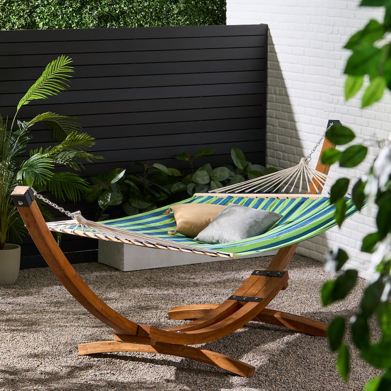 Richardson Outdoor Modern Hammock by Christopher Knight Home - 400 lb limit - Teak +Blue Green Stripe