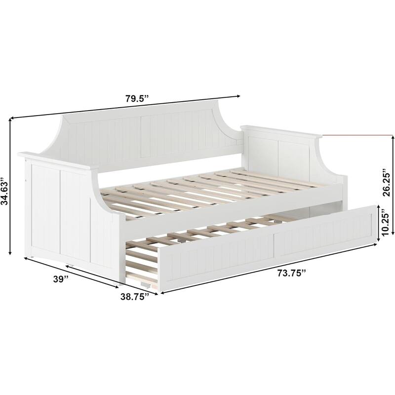 Twin Daybed with Trundle - Mid-Century Wood Daybed - White Finish -