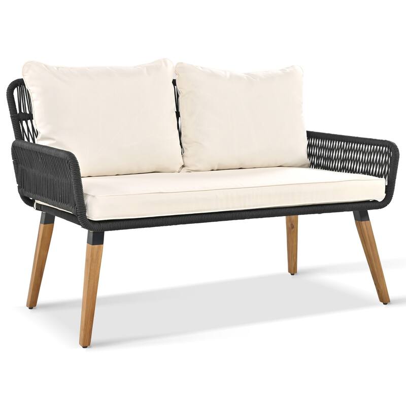 Patio Furniture Set Dining Chairs Set Wood Conversation Sets with Cool Bar Table and Ice Bucket, Deep Seat Lounger with 2 Stools