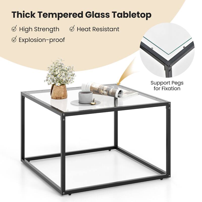 Gymax Glass Coffee Table 27.5 Inch Modern Square Metal Frame Living