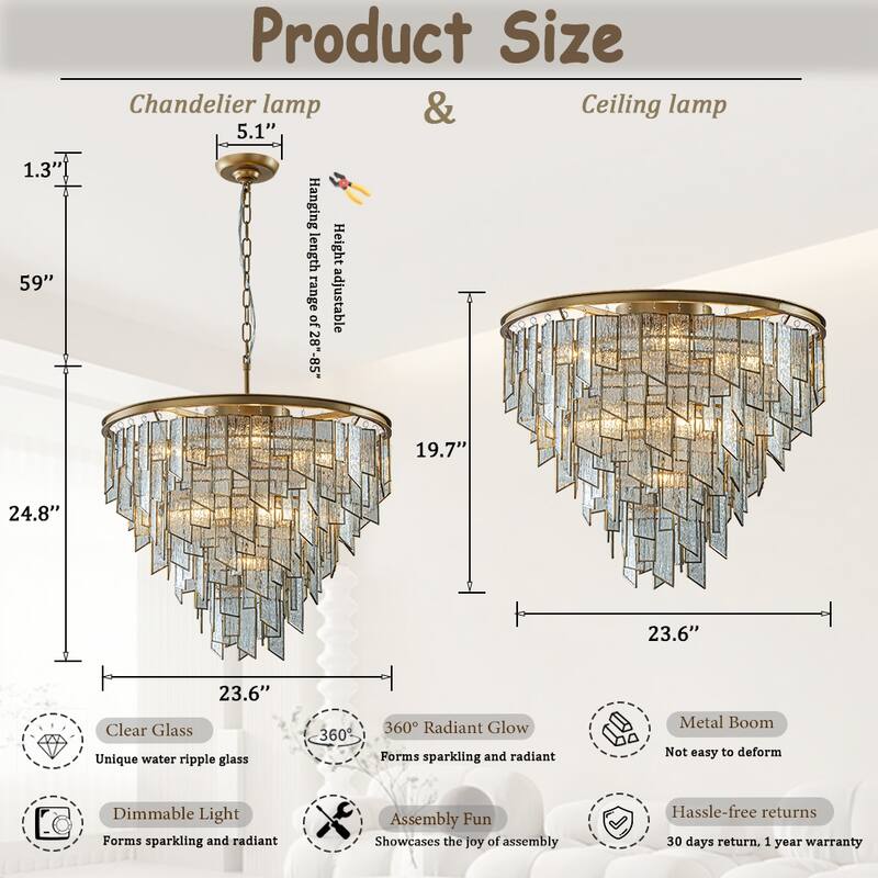 6-Light Luxury Water Ripple Glass Flush Mount Modern Brass Frame Lighting Fixture for Dining Room Living Room and Kitchen Island