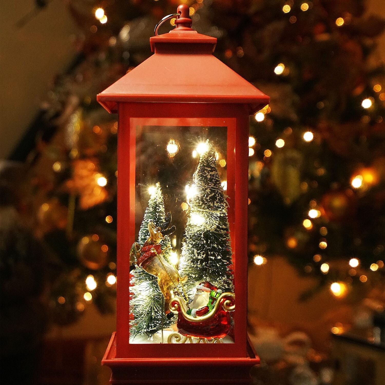 10 5 Red And White Santa With Trees Christmas Lantern Tabletop Decoration Led Lights Overstock 16550337