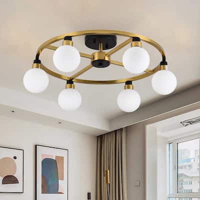 Dining Room 6 Light Flush Mount Light, Gold Black Frame Frosted Glass Globes - Polished Brass