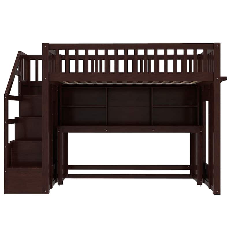 Full/Twin Loft Bed with Movable Desk & Storage Stairs