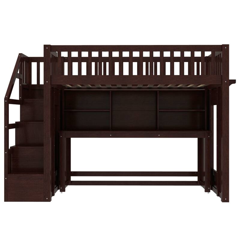 Twin Size loft bed with movable desk and storage shelf, featuring storage stairs