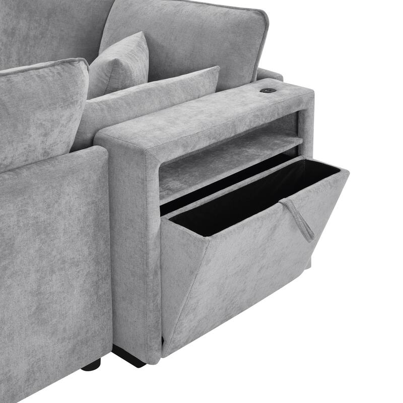 Smooth Chenille Sectional Sofa U-Shaped Modular Sofa Bed L-Shaped Couch with Movable Ottoman, Storage Armrests and USB Ports