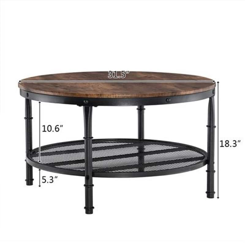 31.89in Double-layer Round Brown PVC Density Board Panel Black Base with Silver Pattern Powder-coated Iron Frame Coffee Table
