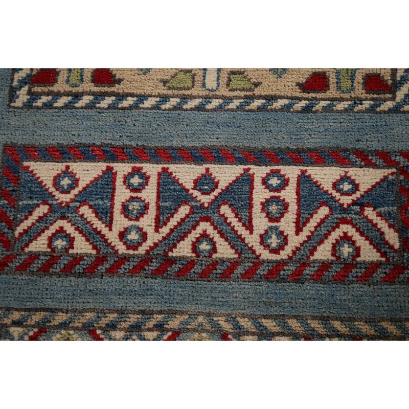 Light Blue Kazak Oriental Runner Rug Handmade Wool Carpet - 3'0" x 16'5"
