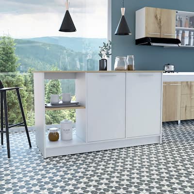 Kitchen Island with Large Countertop, Open Storage Shelves and Double Door Cabinet, White / Light Oak