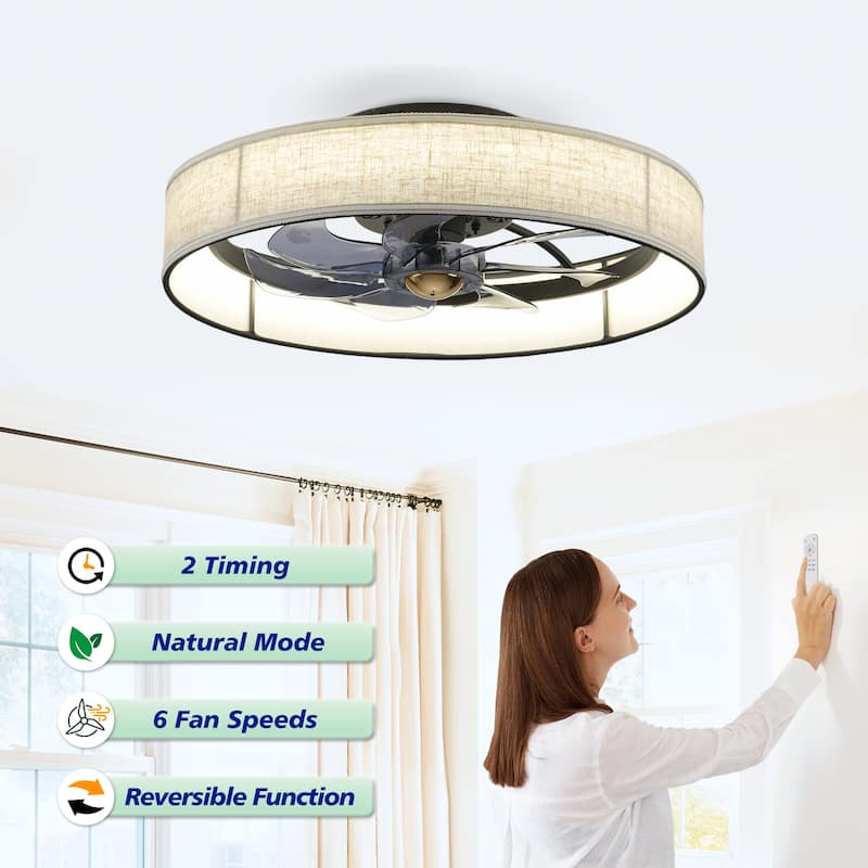 Cusp Barn 20" Farmhouse Flush Mount Ceiling Fan with Light, Quiet DC Motor Fabric Shade Fandelier Ceiling Fan For Living Room