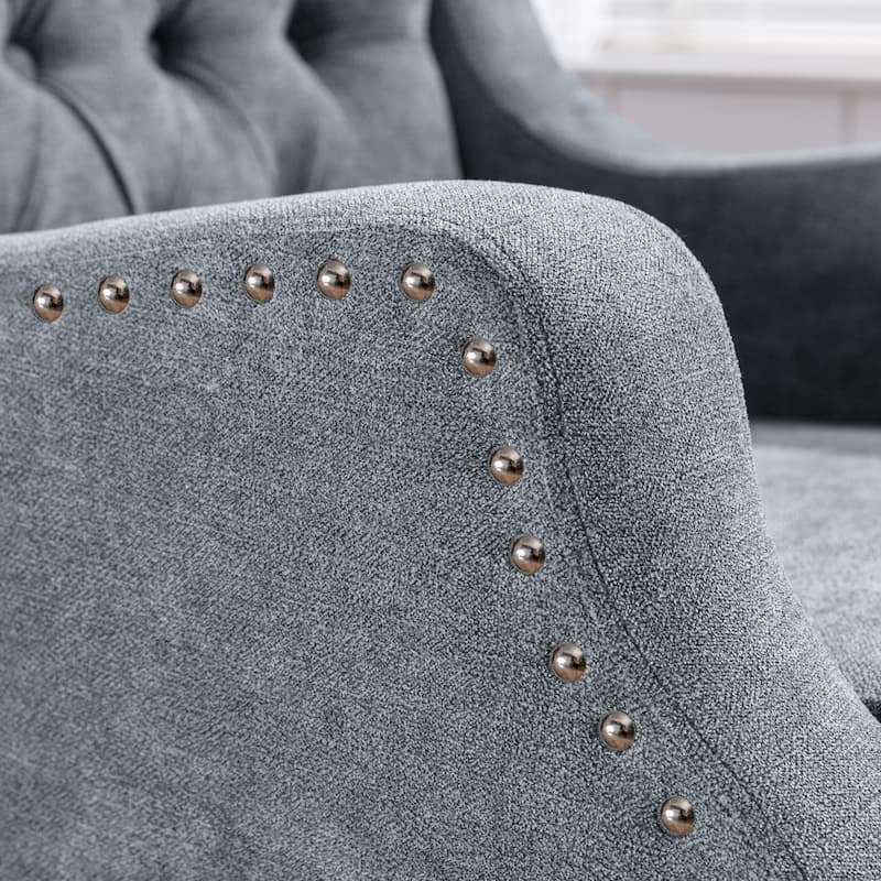Button Tufted Upholstered Accent Armchair with Footrest And Vintage Brass Studs