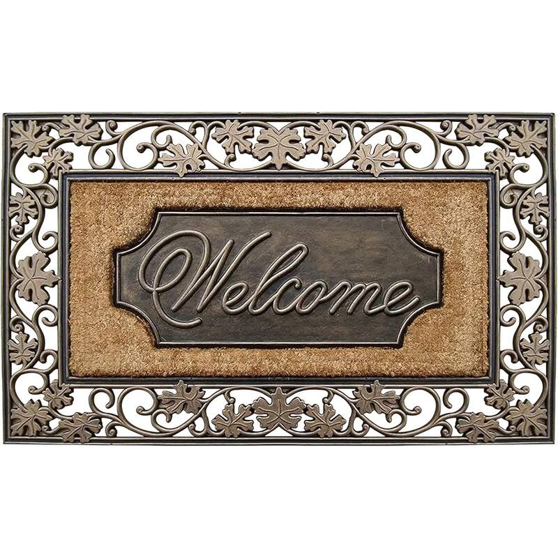 A1HC Rubber & Coir Dirt Trapper Heavy Weight Large Welcome Doormat 23"x38", Floral Border - Welcome Bronze