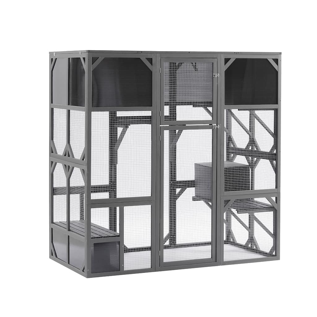 Wood Walk-in Catio Outdoor Cat House Enclosure w/PC Sheet Roof