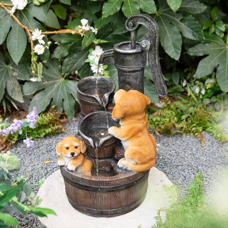 Glitzhome 23.75"H Cute Dog Playing Around the Water Pump Polyresin Outdoor Fountain with Pump and LED Light