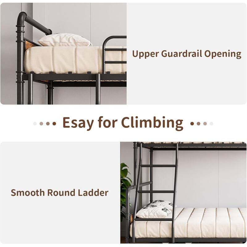 Twin Over Full Metal Bunk Bed with Guardrails & Ladder, Convertible Frame for Kids, Teens & Adults