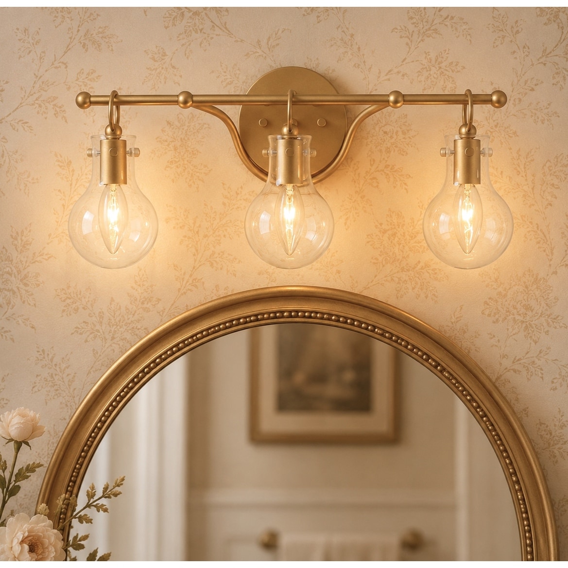 LALUZ Modern 3-Light Gold Bathroom Vanity Light Bulb Shape Glass Wall Sconce