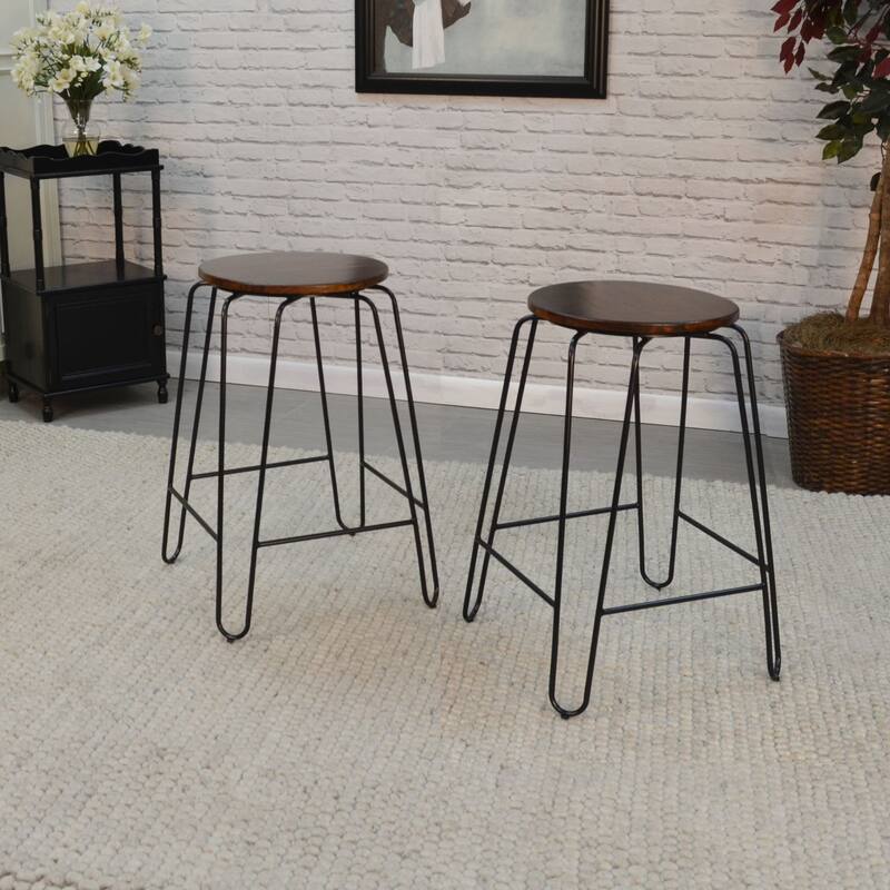 Set of 2 Chestnut Brown and Black Stackable Counter Stools 24"