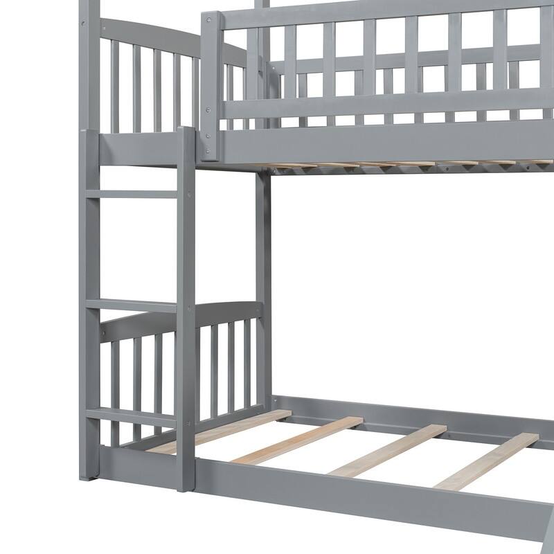 Twin Over Twin Bunk Bed with Slide, House Bed with Slide, Gray