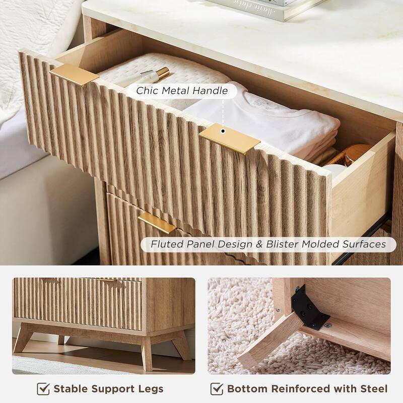 Modern fluted 3 Chest of Drawers, Dresser for Bedroom, Living Room