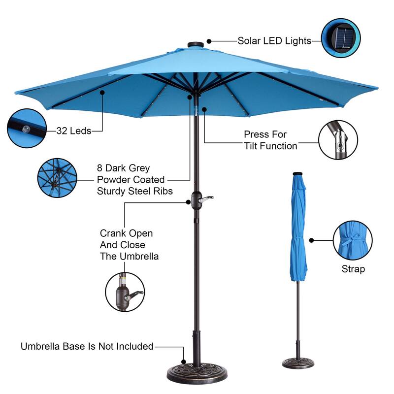 Villacera 9' Solar/LED Umbrella with 8 Steel Ribs and Tilt, Base Not Included