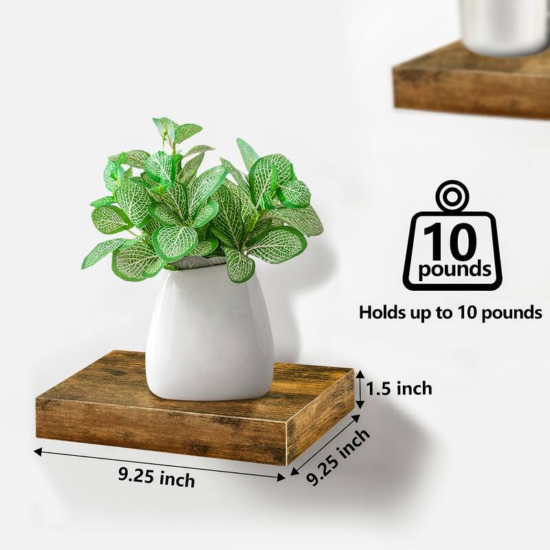 3 Pack Square Mounted Floating Shelves - Rustic Wood Display Ledge Storage Shelf