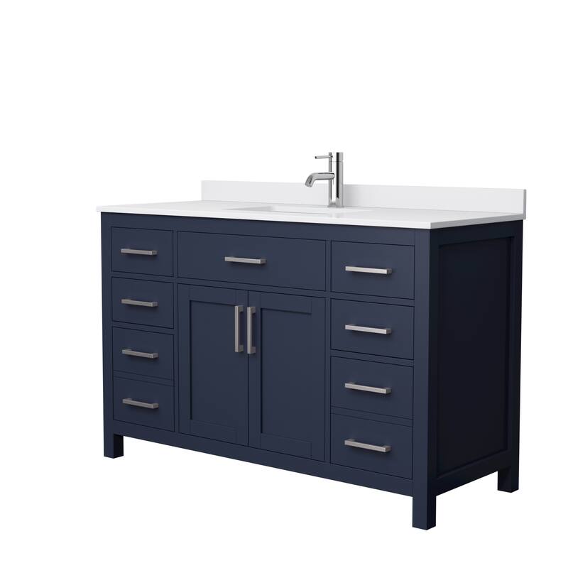 Beckett 54-Inch Transitional Marble Top Single Vanity - Dark Blue, Nickel Trim, White Cultured Marble Top