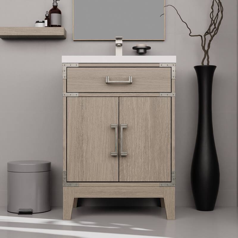 24" Bathroom Vanity with Acrylic Top, 18" Frameless Mirror, and Chrome Gooseneck Faucet for Modern Bathrooms