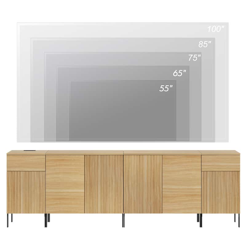 94.5" Modern Wood Reeded Dresser With Doors, Minimalist Dresser Organizer Storage With Charging Station