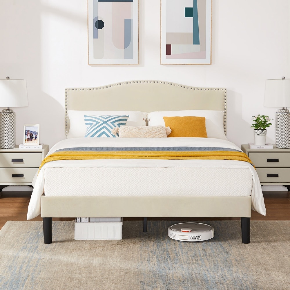 VECELO, Upholstered Platform Bed Frame with Nailhead Headboard- Twin/Full/Queen Size Bed-Beige