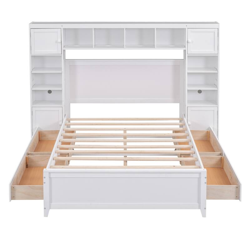 Full Size Wooden Bed with Storage Drawers, Headboard with Shelf and Cabinet, Solid Pine Platform Bed for Bedrooms
