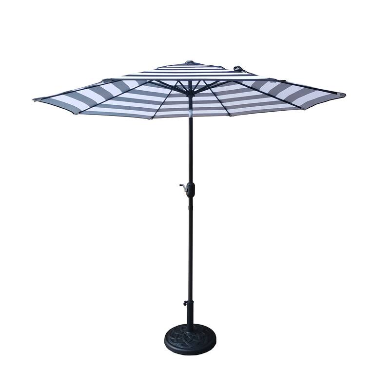 9 Feet Black/White Strip Tilt Market Umbrella with Stand/Base Set
