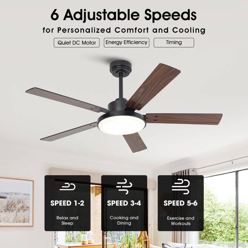 52" Black Reversible 5-Blade Intergrated LED Ceiling Fan with Light and Remote