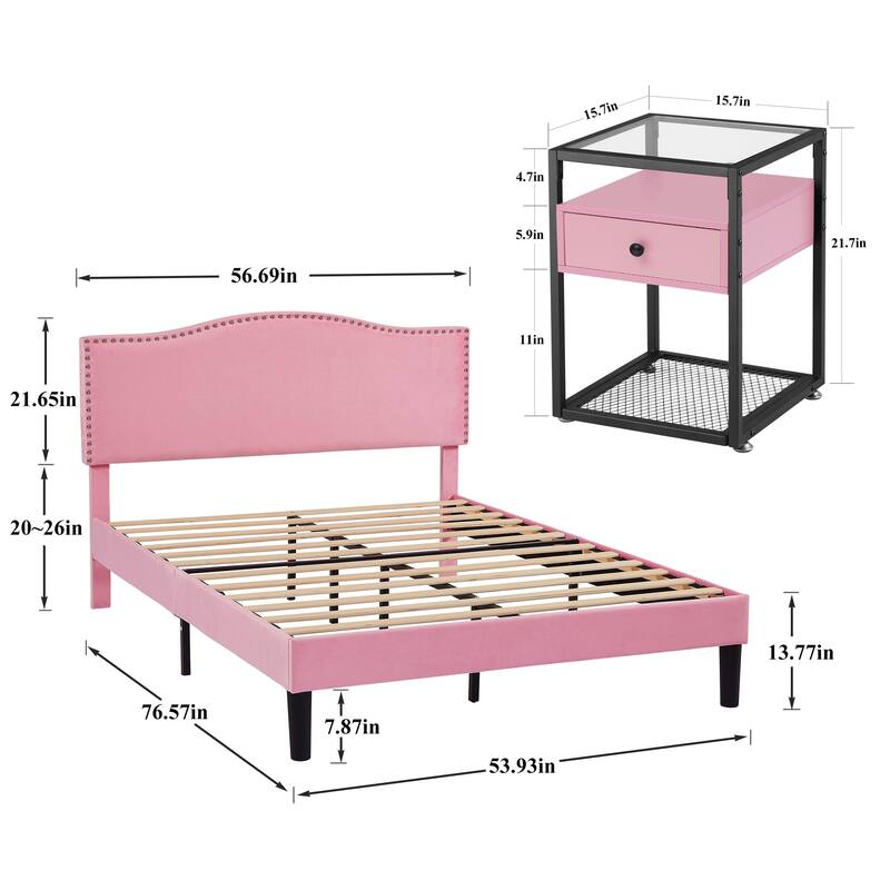 VECELO, Five Colors, 3-Pieces Upholstered Platform Bed Frame with Adjustable Headboard and Nightstands Set of 2