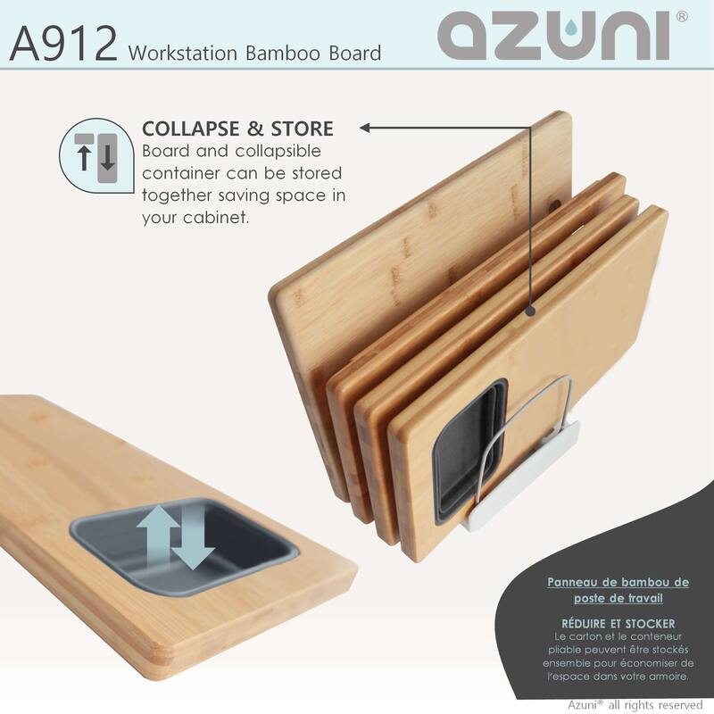 AZUNI 16.75 inch Workstation Sink Bamboo Cutting Board set with 1 Collapsible Container - 16.75" x 8.5"