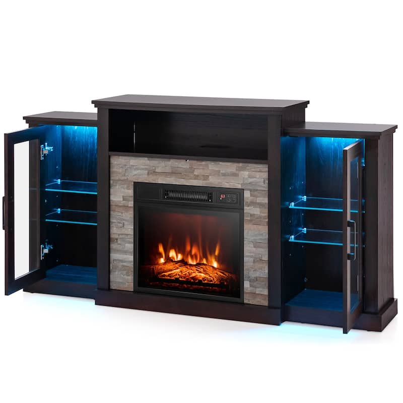 Electric Fireplace TV Stand with 16-Color LED Lights and Adjustable Glass Shelves for Living Room - 59" x 10" x 32.5" - Dark-Brown