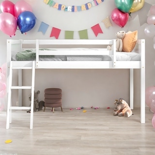 Twin Size Wood Low Loft Bed with Ladder, ladder can be placed on the left or right
