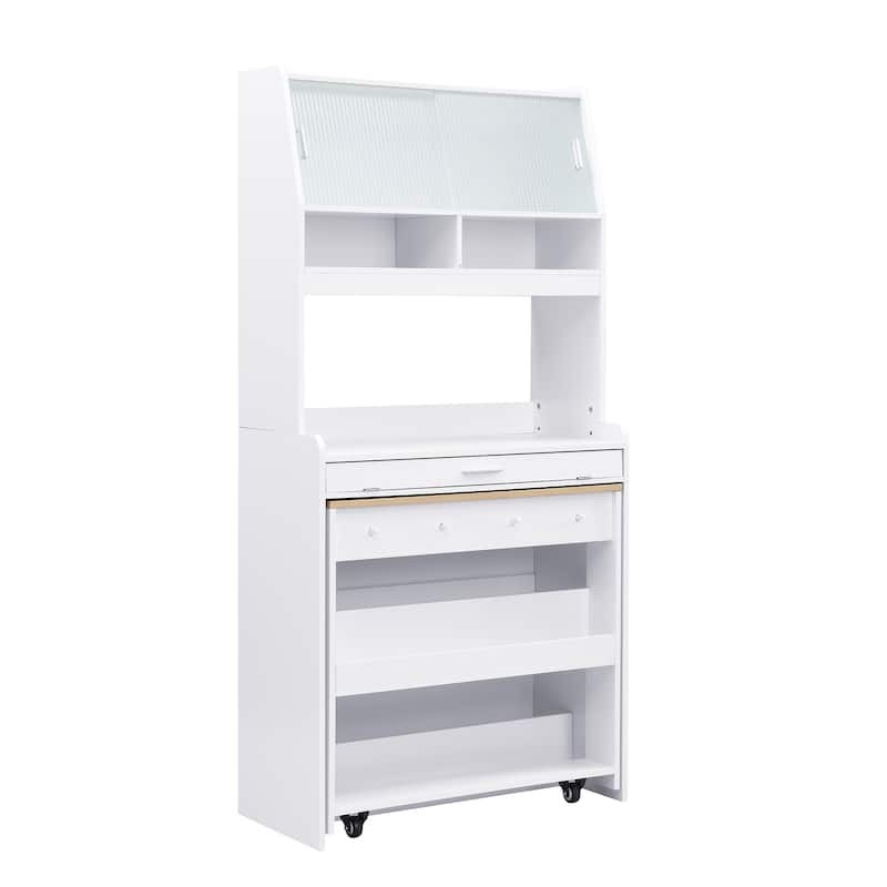 Multifunctional Buffet Hutch and Foldable Dining Table with Storage Unit and Rolling Wheels for Small Spaces
