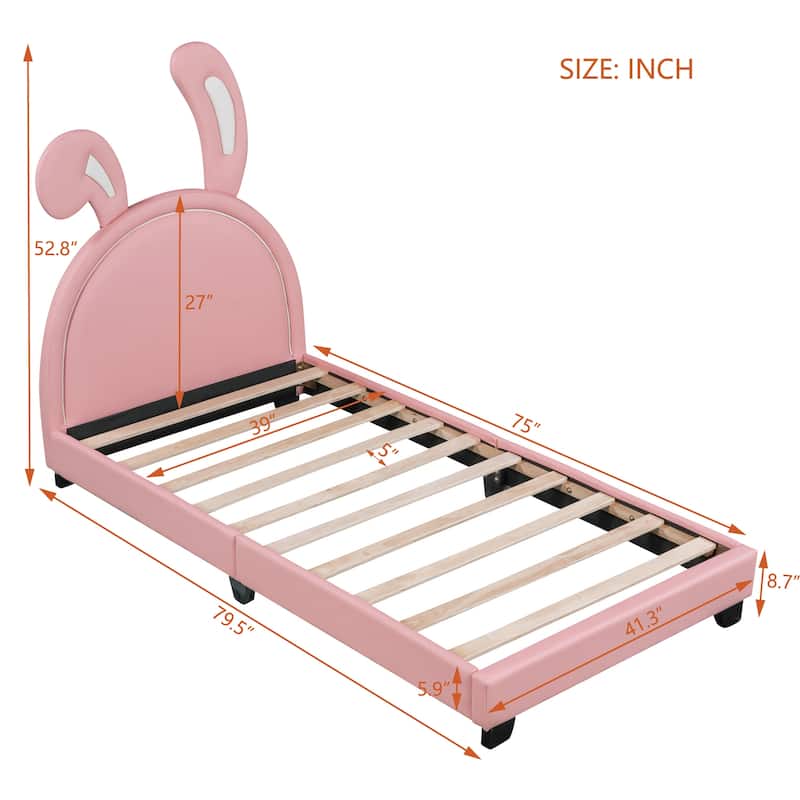 Upholstered Leather Platform Bed with Rabbit Ornament