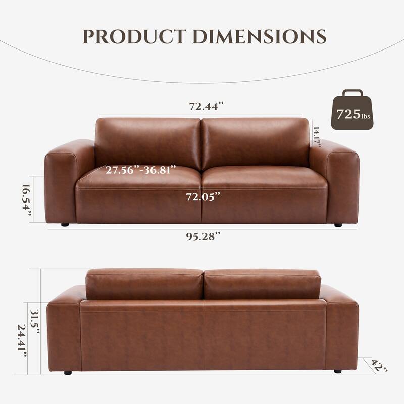 95" Oversized 3-Seater Sofa - Extra Deep Seats & Wide Arms, Down-Filled PU Leather Couch for Living Room, Apartment