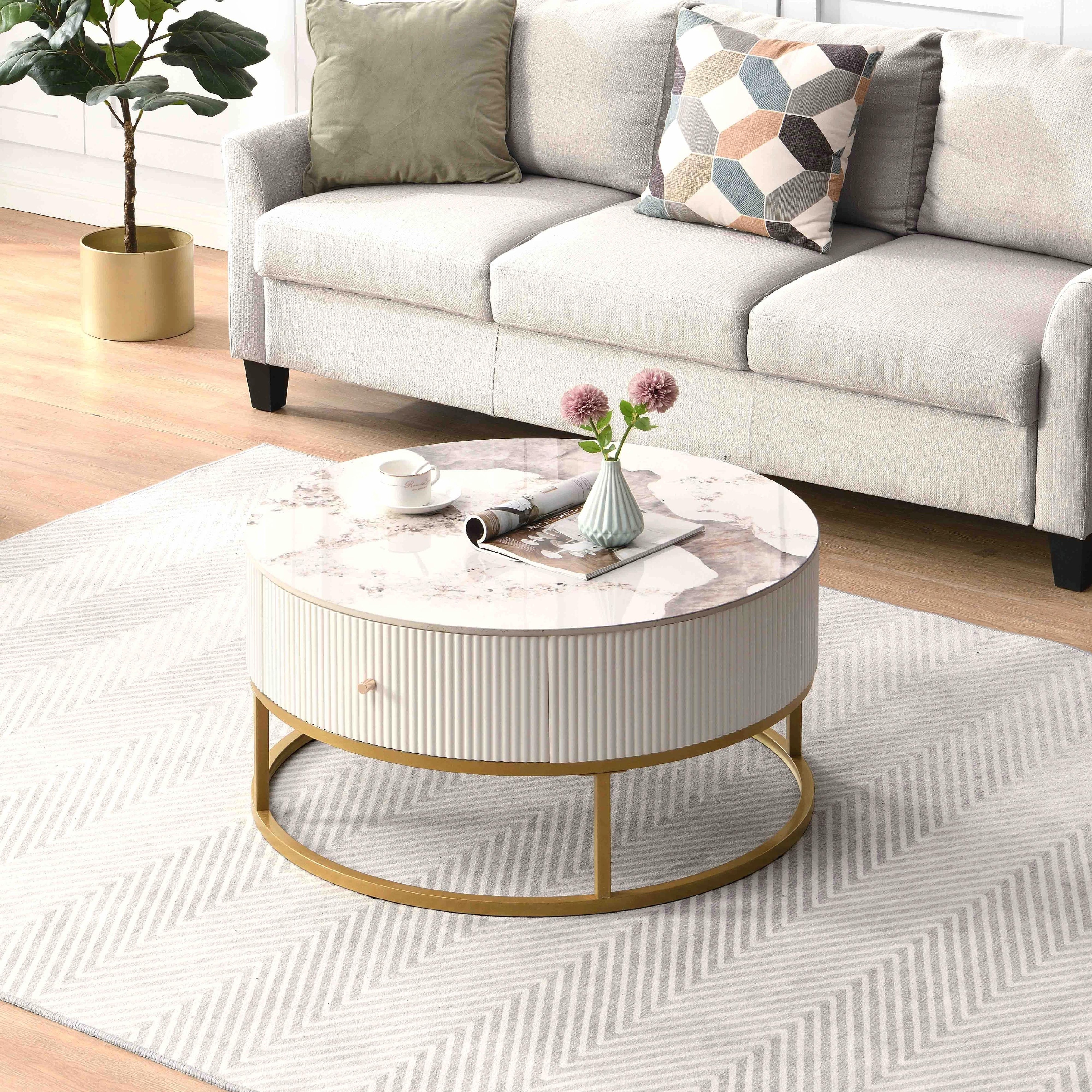 31.5 Inch Modern Round Marble Coffee Table with Drawers and Storage